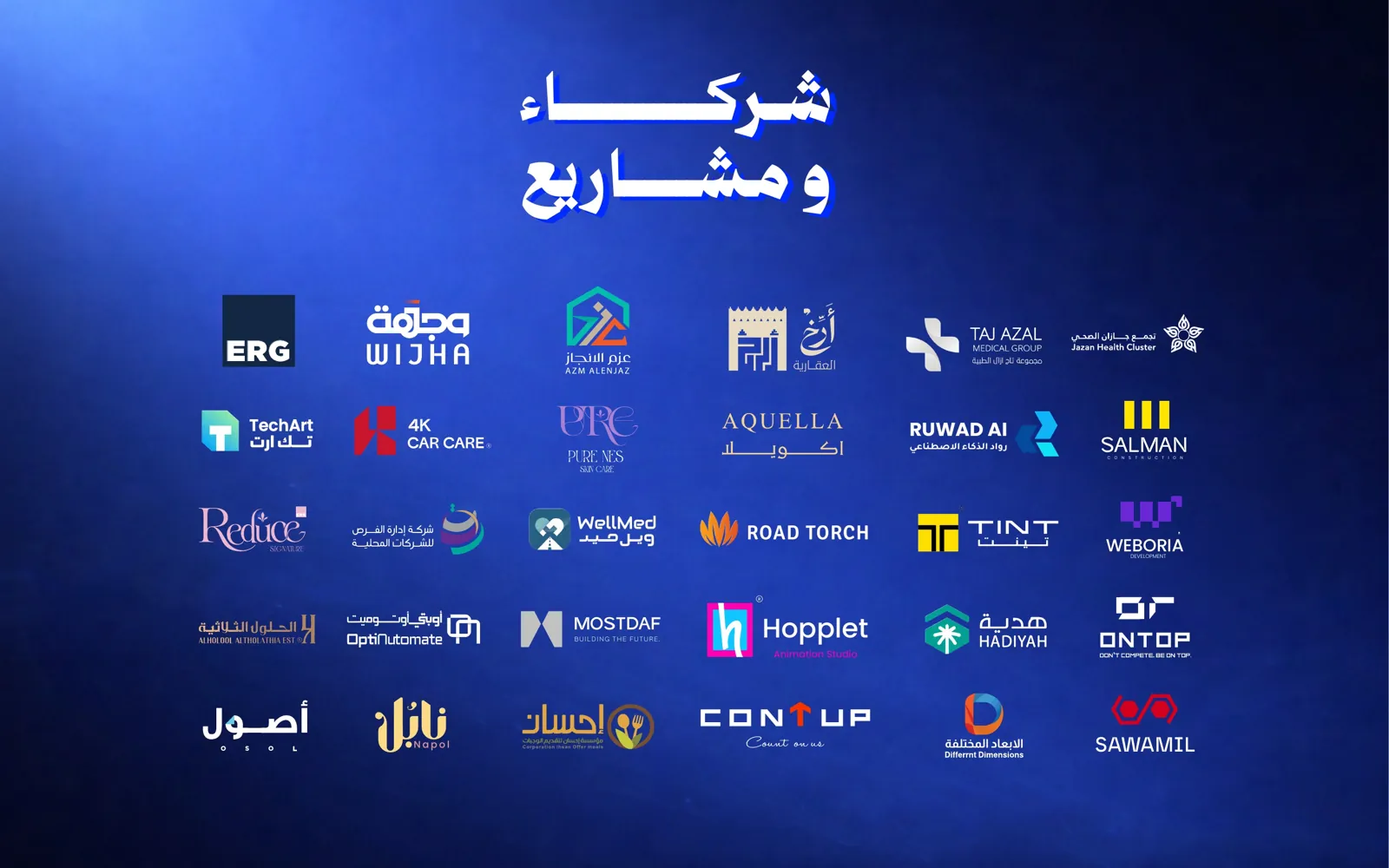 شعارات جهات وعلامات تجارية عملت معها MarketingX1، منها تجمع جازان الصحي وتاج أزال وعزم الإنجاز وأكويلا ورواد الذكاء الاصطناعي